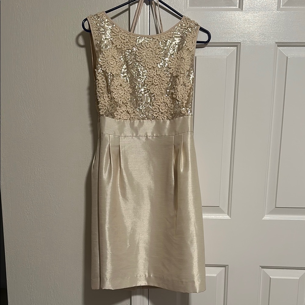 Tahari Cream Sequin 14P formal dress.   Empire waist.